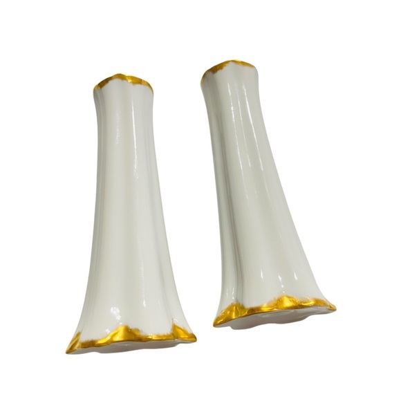 Tall White Porcelain Hutschenreuther Salt & Pepper Shakers / Gold Trim Germany - Picture 5 of 12